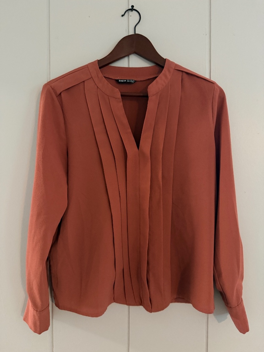 SHEIN Women’s M Rust Terracotta Pleated V Neck Long Sleeve Blouse Workwear